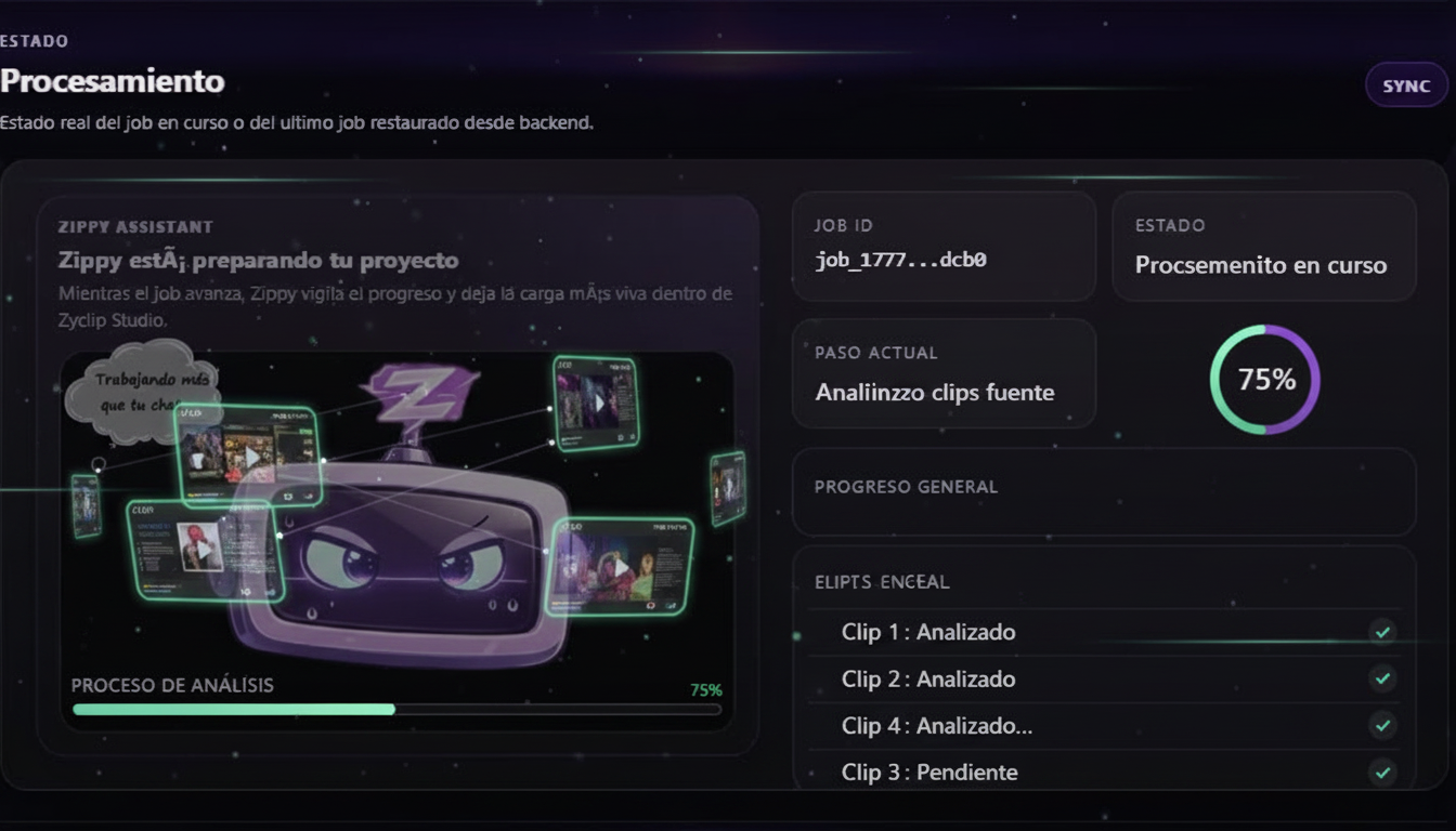 Vista real de Zyclip analizando la URL y el progreso
