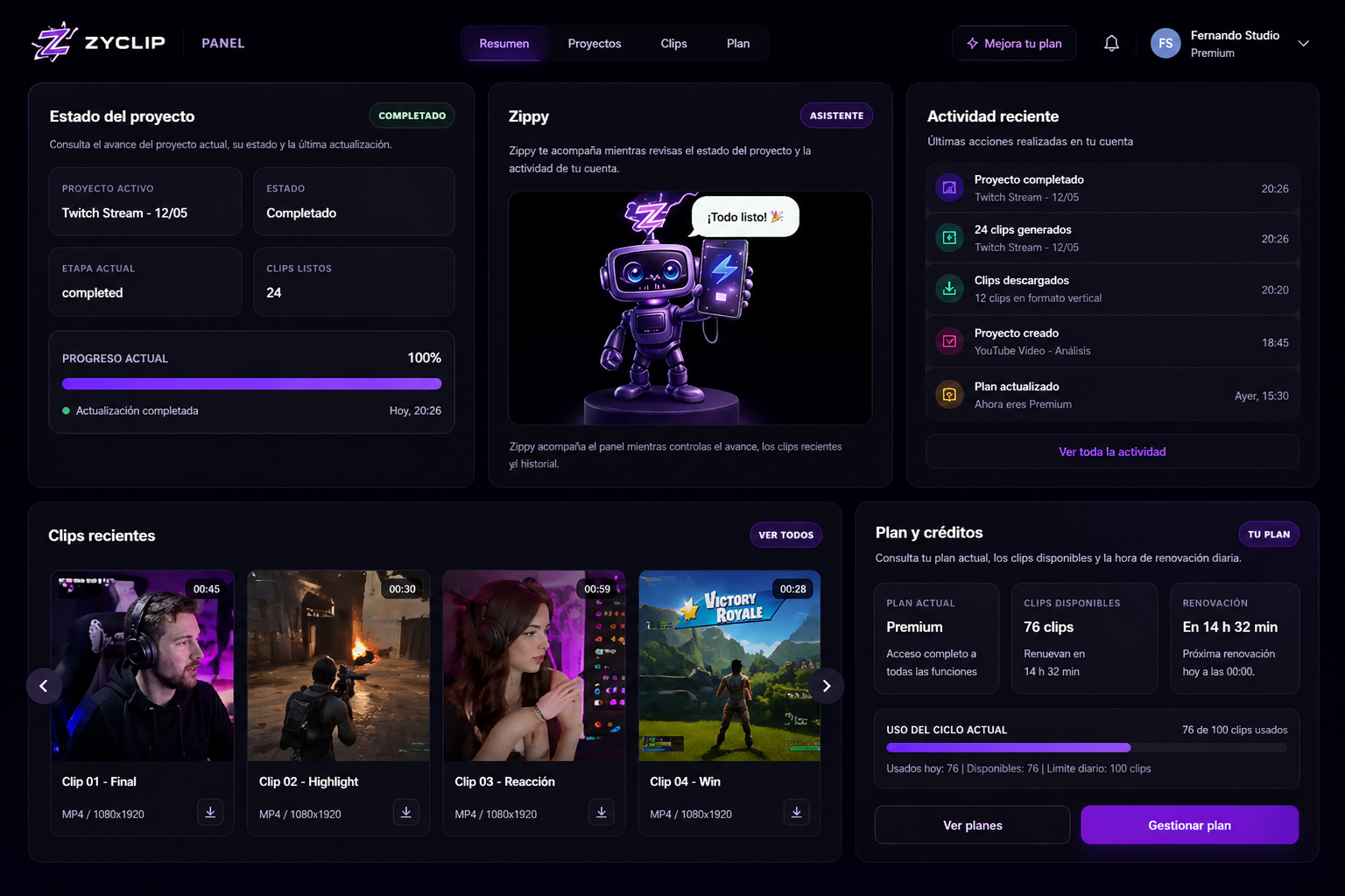 Dashboard premium de Zyclip con estado del proyecto, clips recientes y actividad visible