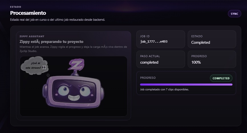Vista real del procesamiento en Zyclip