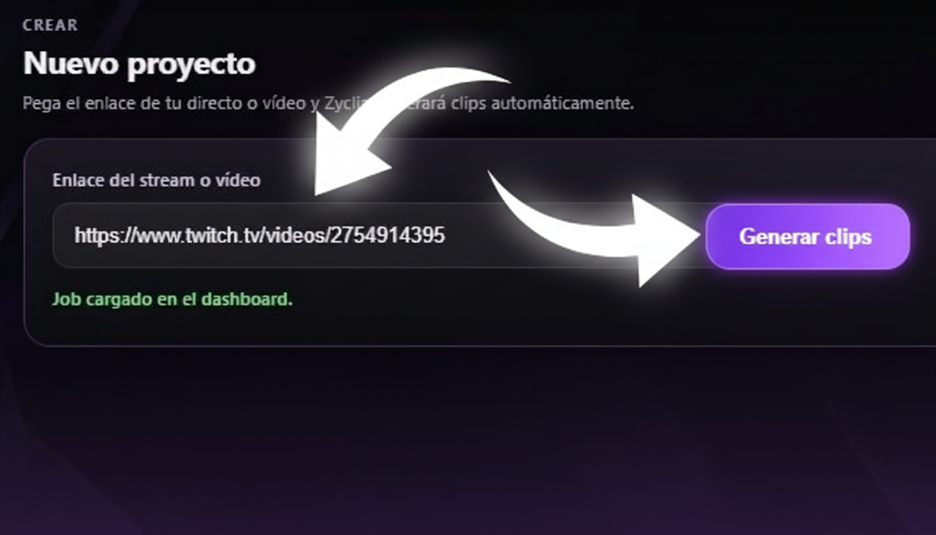 Vista real del bloque Nuevo proyecto con acción de generar clips en Zyclip Studio
